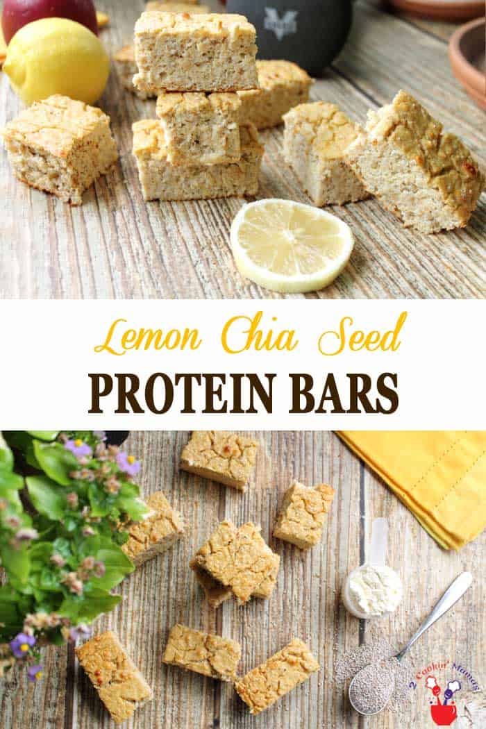 Lemon Chia Seed Protein Bars | 2 Cookin Mamas These easy to make lemon chia seed protein bars have plenty of delicious lemony taste minus the high fat and sugar. They taste like a moist & light cake but don't let that fool you - they're actually good for you! Have as a grab-n-go breakfast, a boost after your workout or a late afternoon pick-me-up. #proteinbars #lemon #chiaseeds #healthysnack