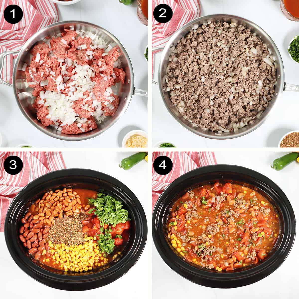 Steps to make slow cooker chili.