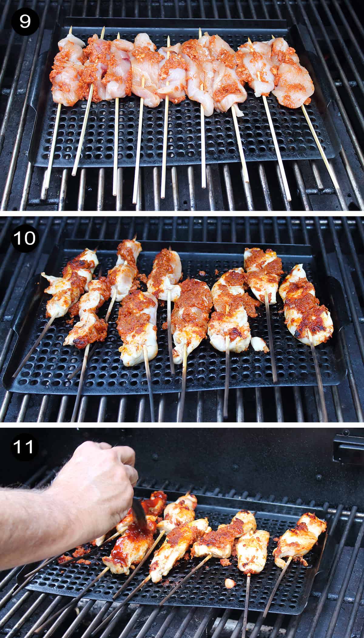 Steps to grill chicken skewers.