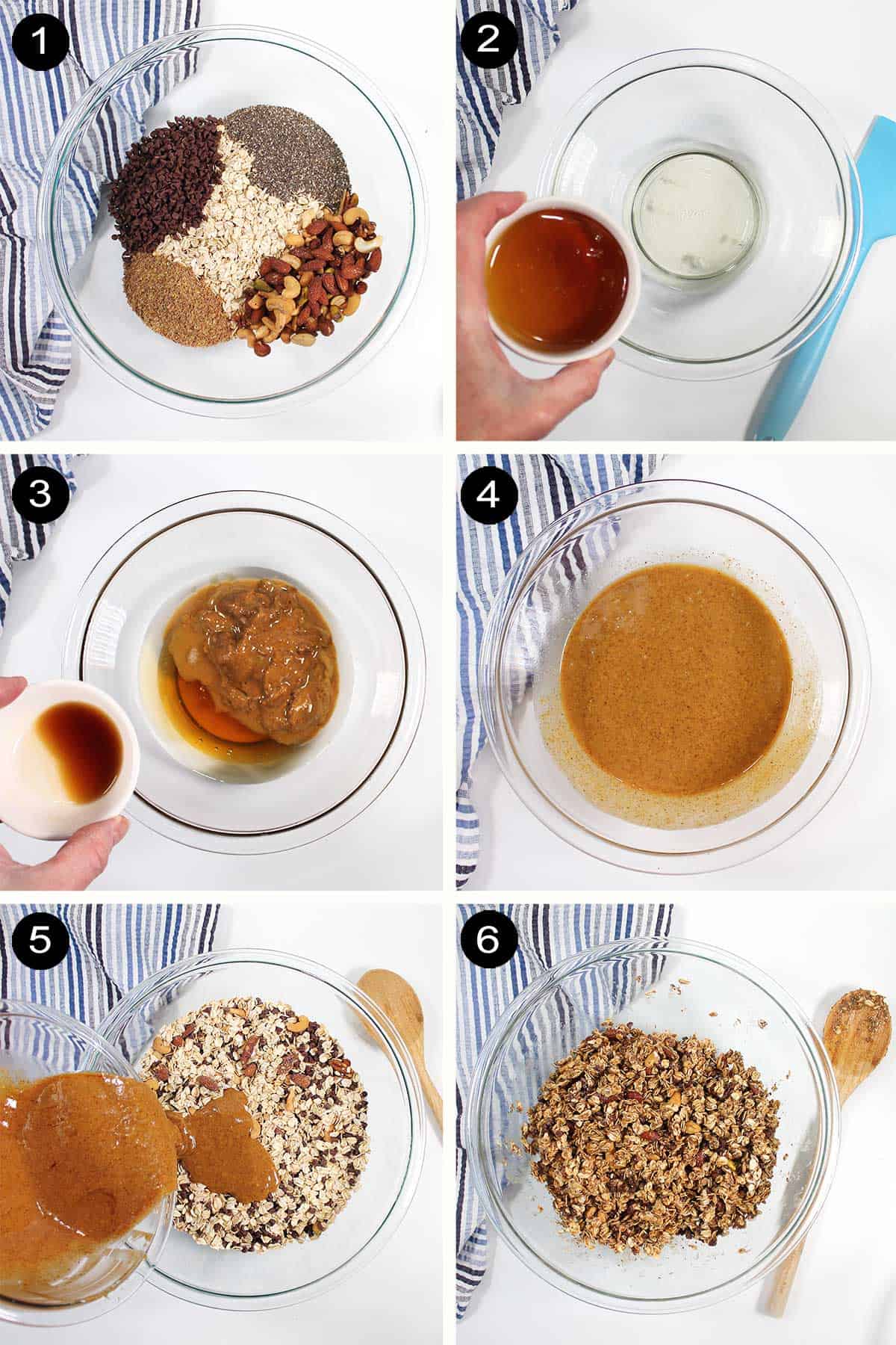 Steps to make honey granola.