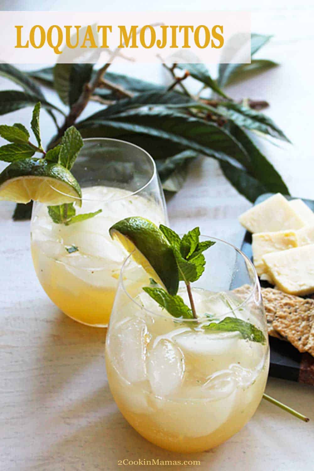 Loquat Mojitos | 2 Cookin Mamas This loquat mojito will bring a taste of the tropics to your cocktail hour. Flavor will burst in your mouth from sweet loquats mixed with the tropical flavors of lime, rum , mint and sparkling coconut water. #cocktail #rum #loquats #mint #drink #tropicaldrink #mojito #drink