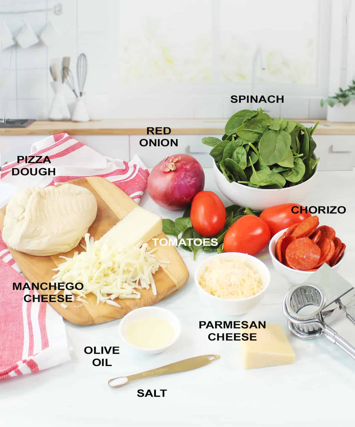 Ingredients for chorizo pizza recipe.