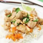 Closeup of stir fry on plate.