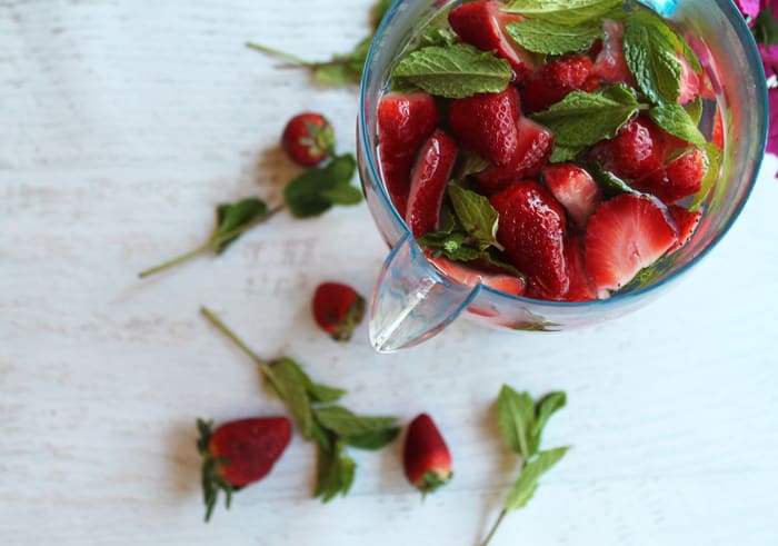 Strawberry Mint Water in pitcher | 2 Cookin Mamas