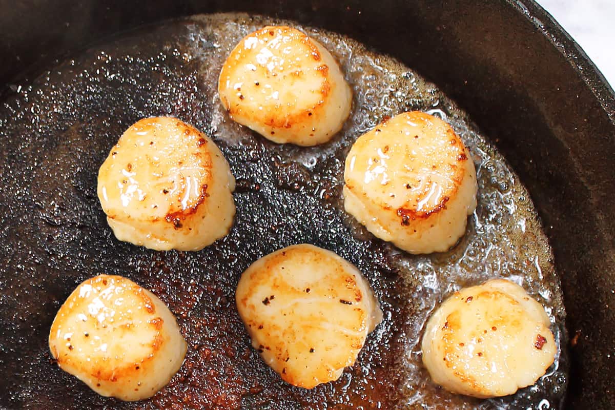 Closeup of seared scallops in cast iron skillet.