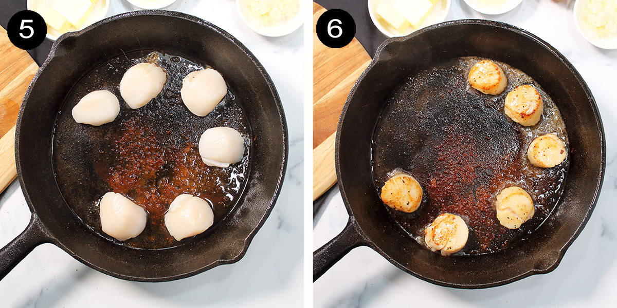 Two steps to pan sear scallops.