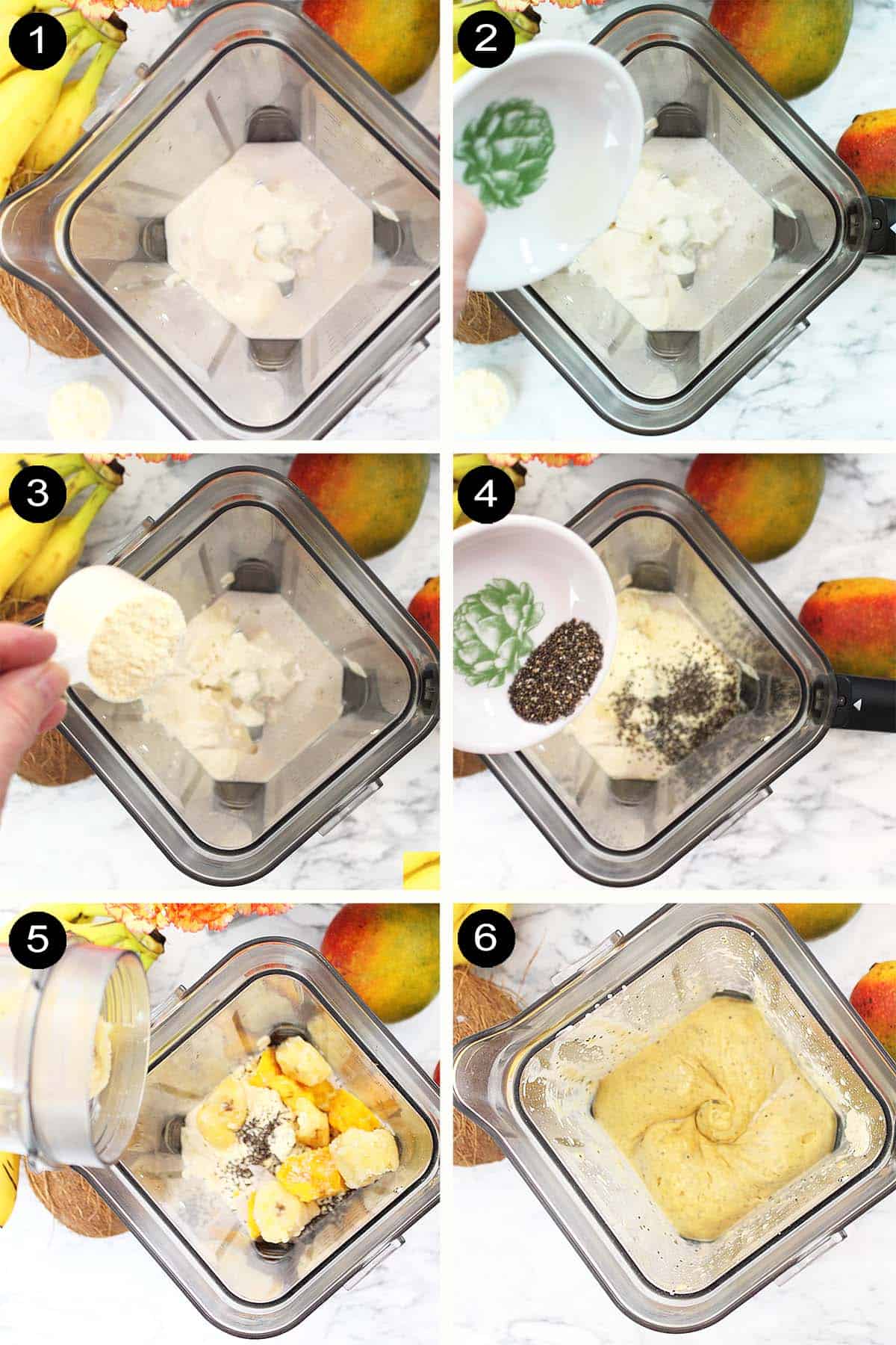 Prep steps for mango smoothie.