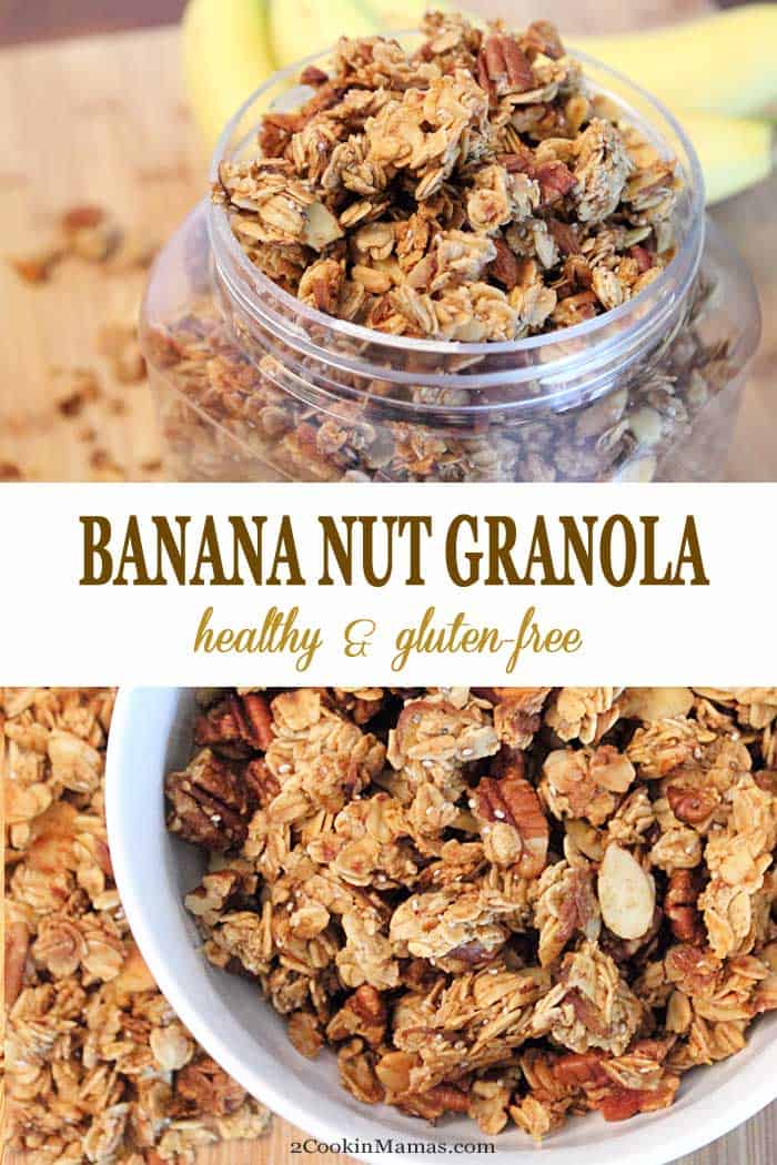 Banana Nut Granola | 2 Cookin Mamas Make your own healthy granola, it's so easy! Homemade Banana Nut Granola combines rolled oats with bananas, nuts, chia seeds & cinnamon and sweetened with palm sugar and honey for a delicious snack. It's even great for breakfast as a topping for yogurt or sprinkle on some ice cream for a yummy dessert. #granola #healthysnack #bananas #nuts #chiaseeds #breakfast #dessert #recipe #homemade