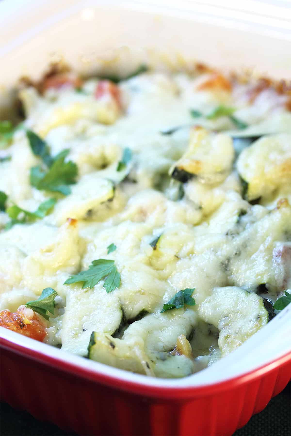 Closeup of cheesy topping.