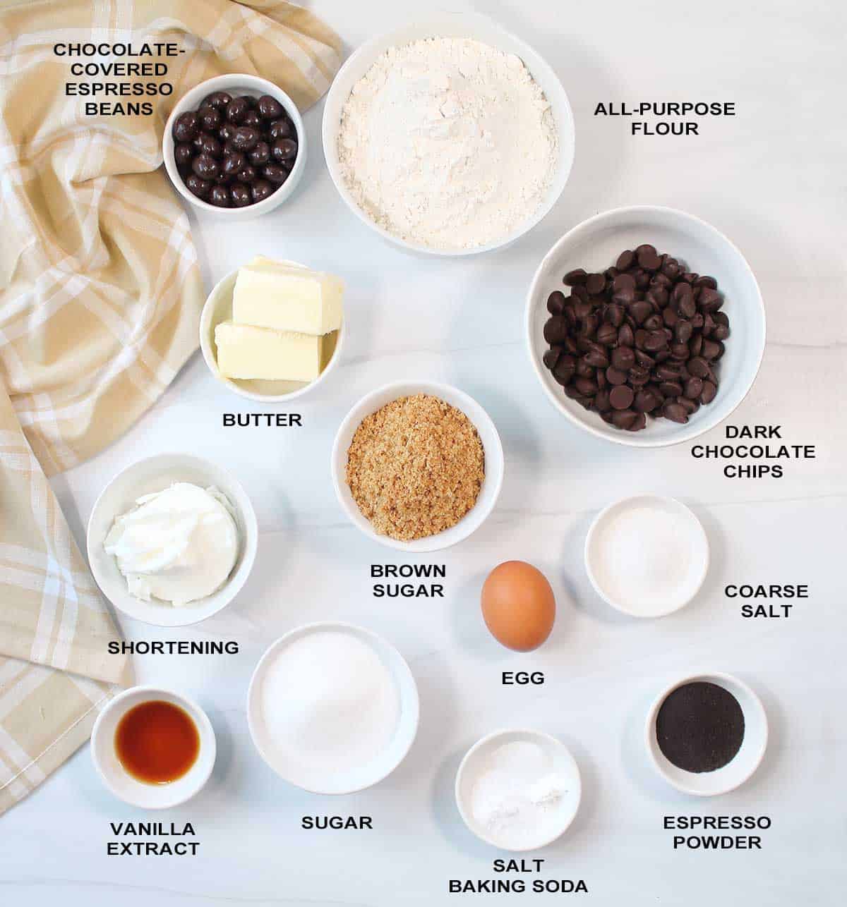 Ingredients for espresso chocolate chip cookies.