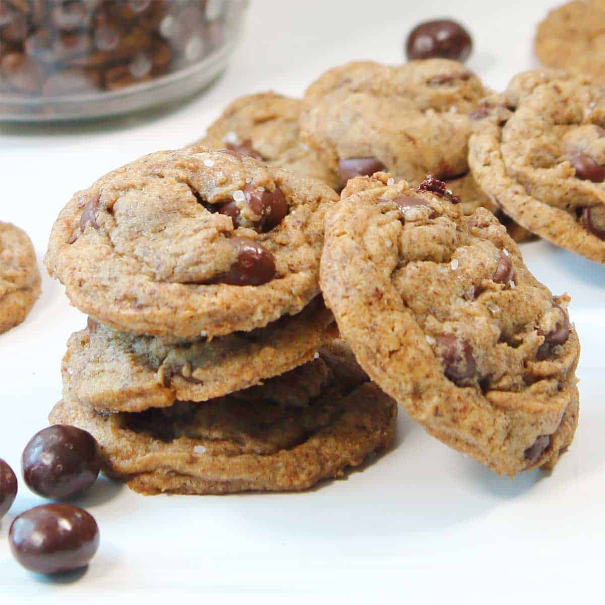 Stacked espresso chocolate chip cookies with espresso beans.