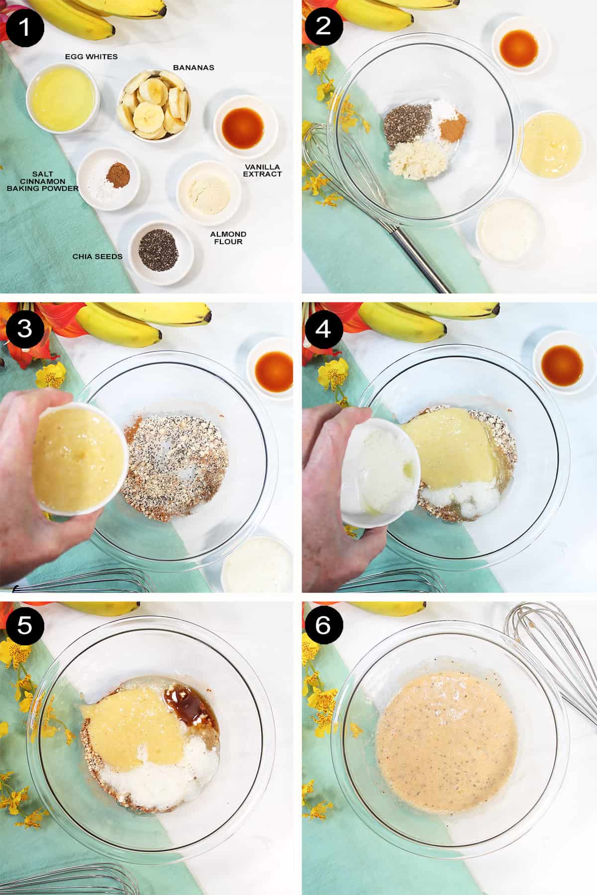 Collage of steps to make easy banana pancakes.