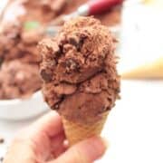 Double scoop of no churn ice cream in ice cream cone.