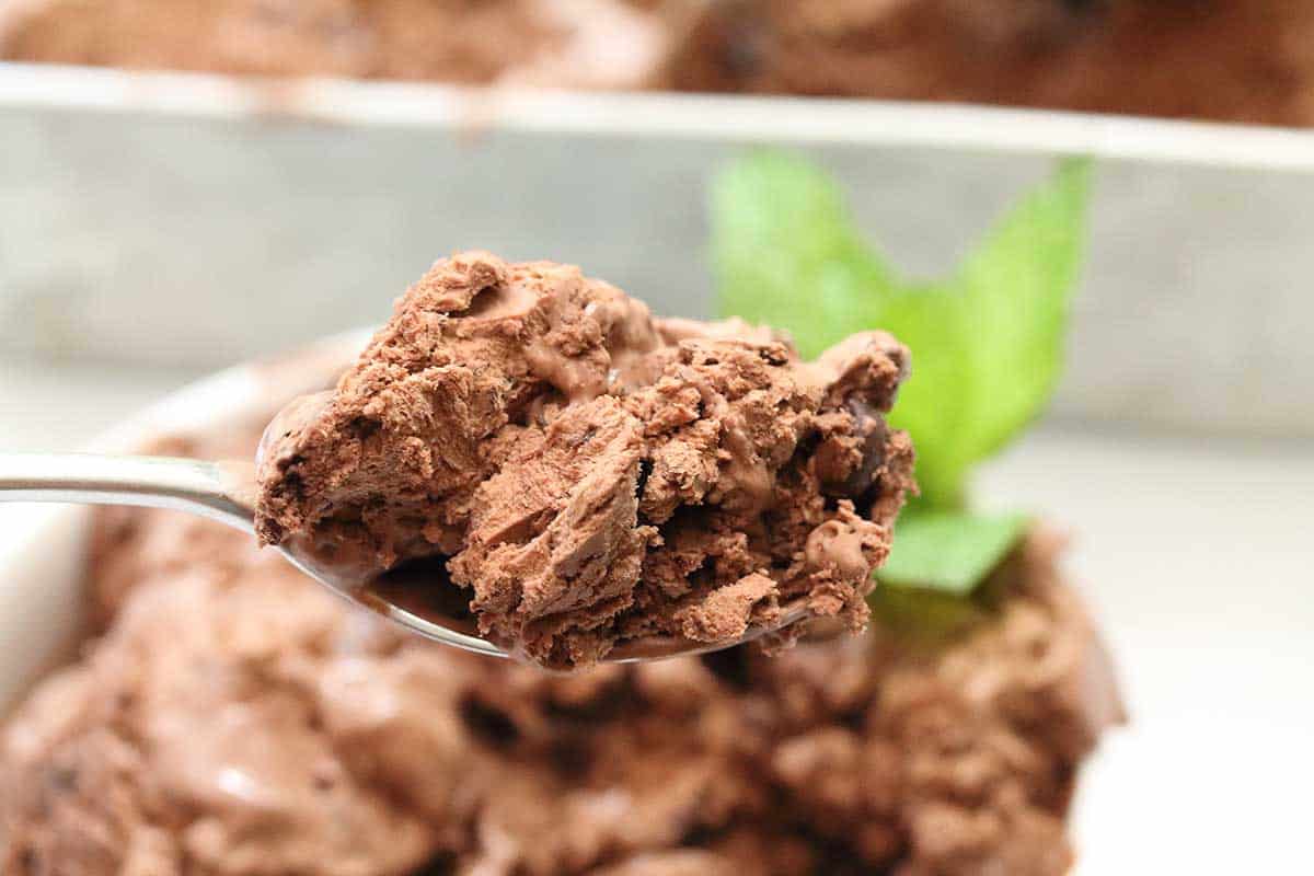 Spoonful of dark chocolate ice cream over bowl.