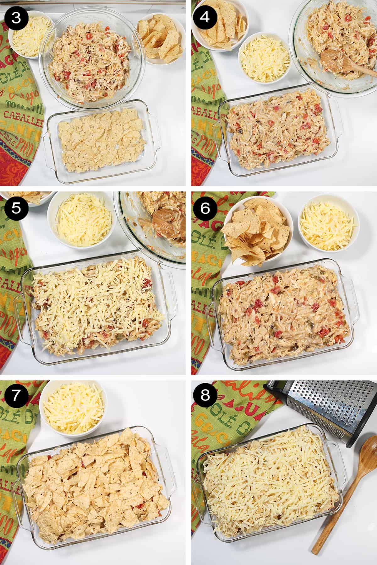 Steps to assemble Mexican casserole with chicken.