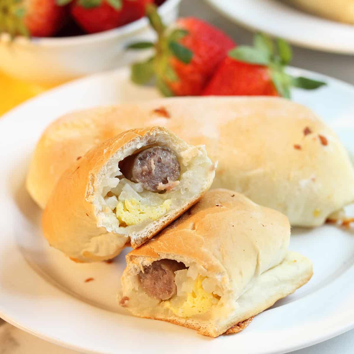 Closeup of inside of kolache on white plate.