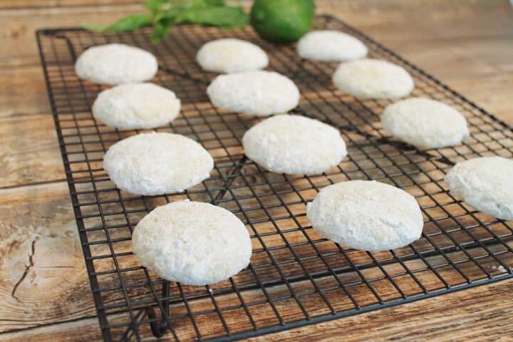 Sugar coated cookies on wire rack.