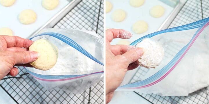 Tossing cookies into lime powdered sugar.