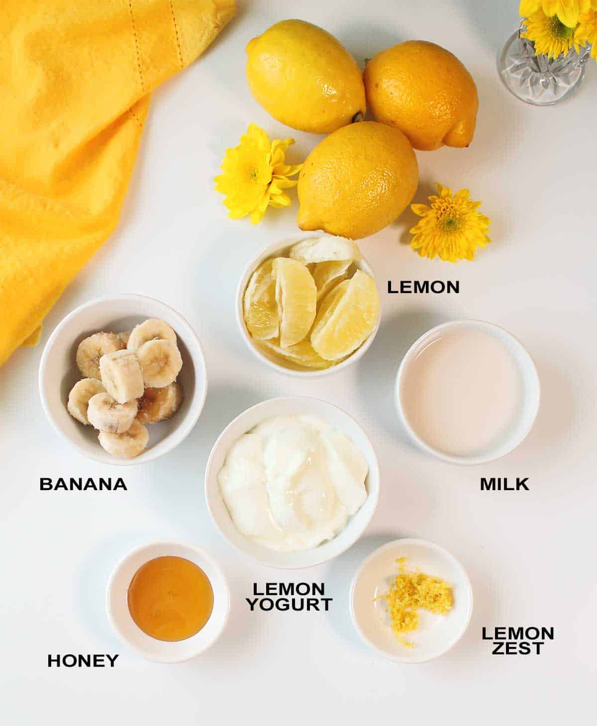 Ingredients for lemon yogurt smoothie.