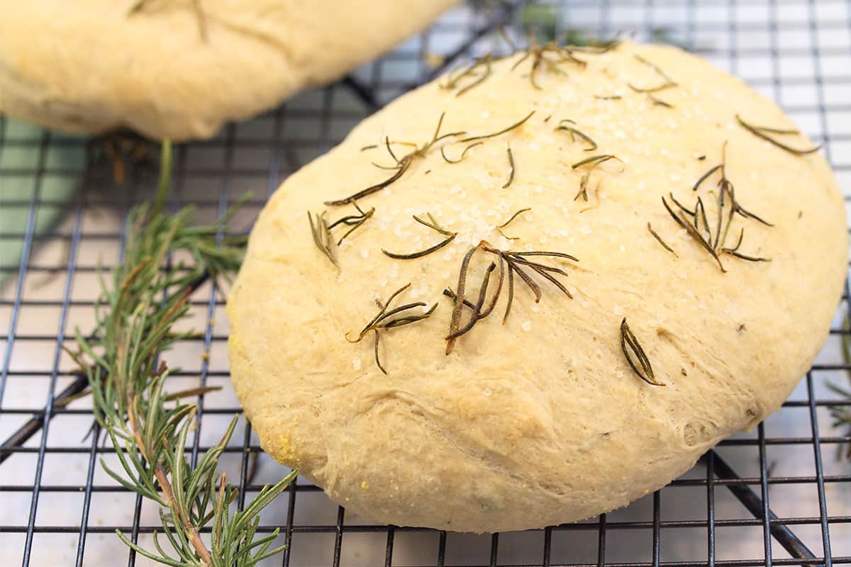 Closeup of baked bread on cooling rack.