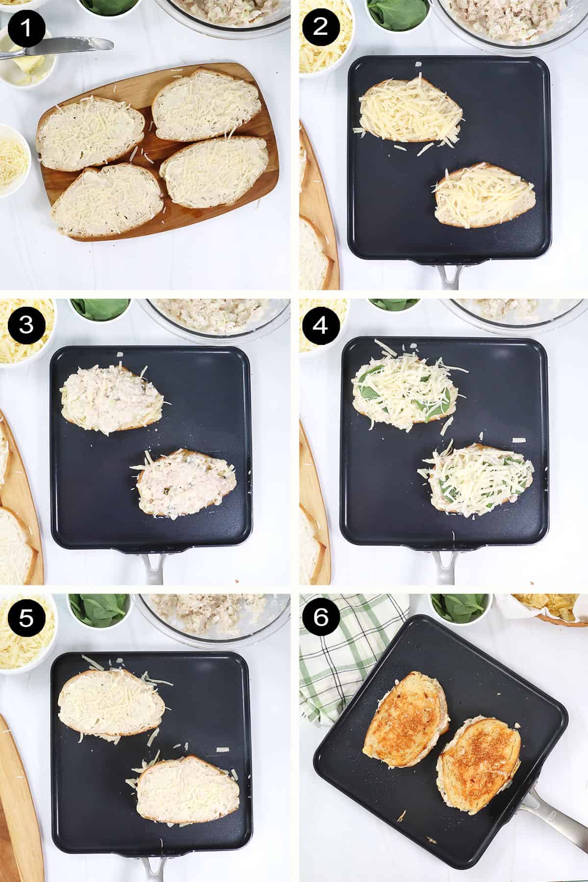 Steps to assemble cheesy tunamelt sandwich.