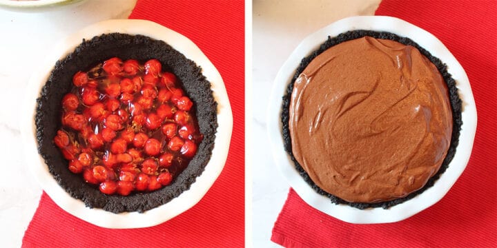 Assembling pie with cherries and mousse.