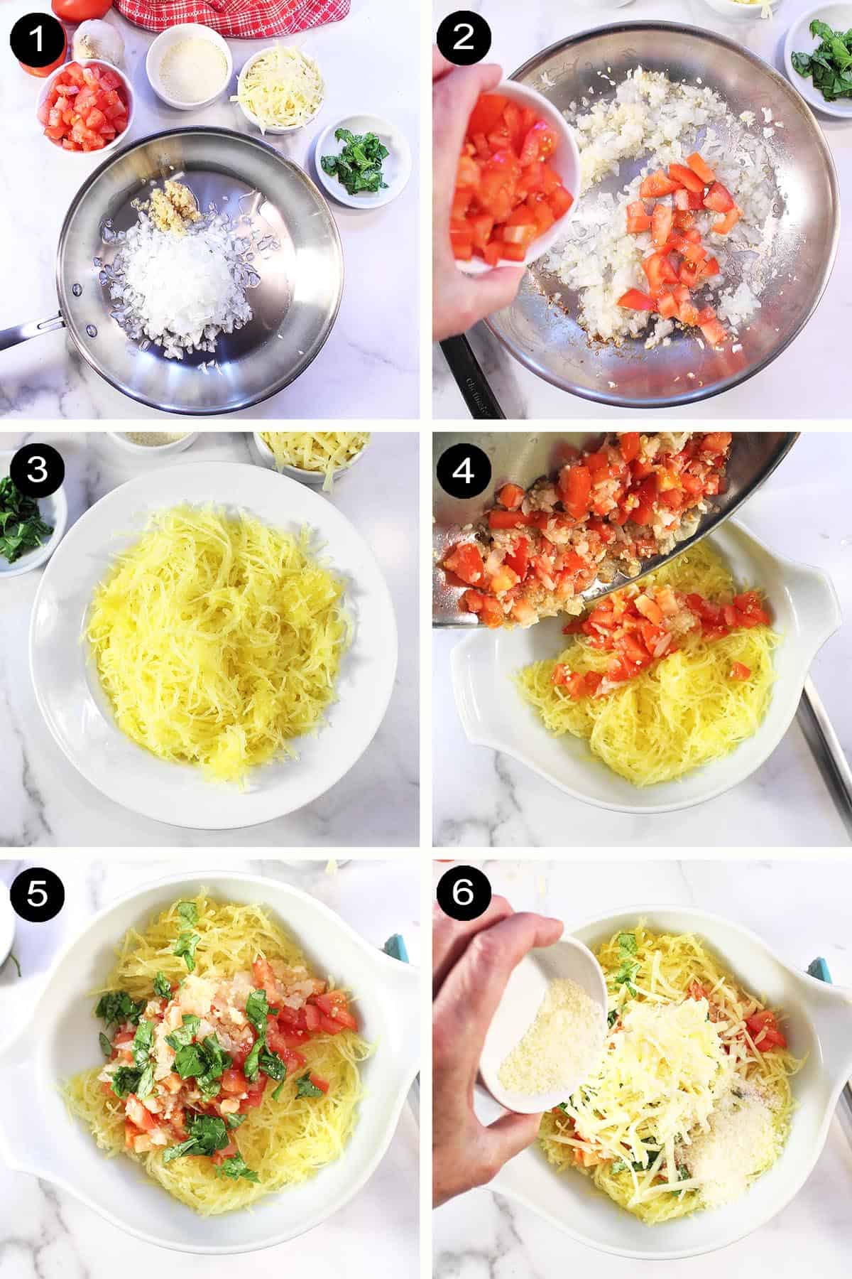Prep steps for mixing spaghetti squash with other ingredients.