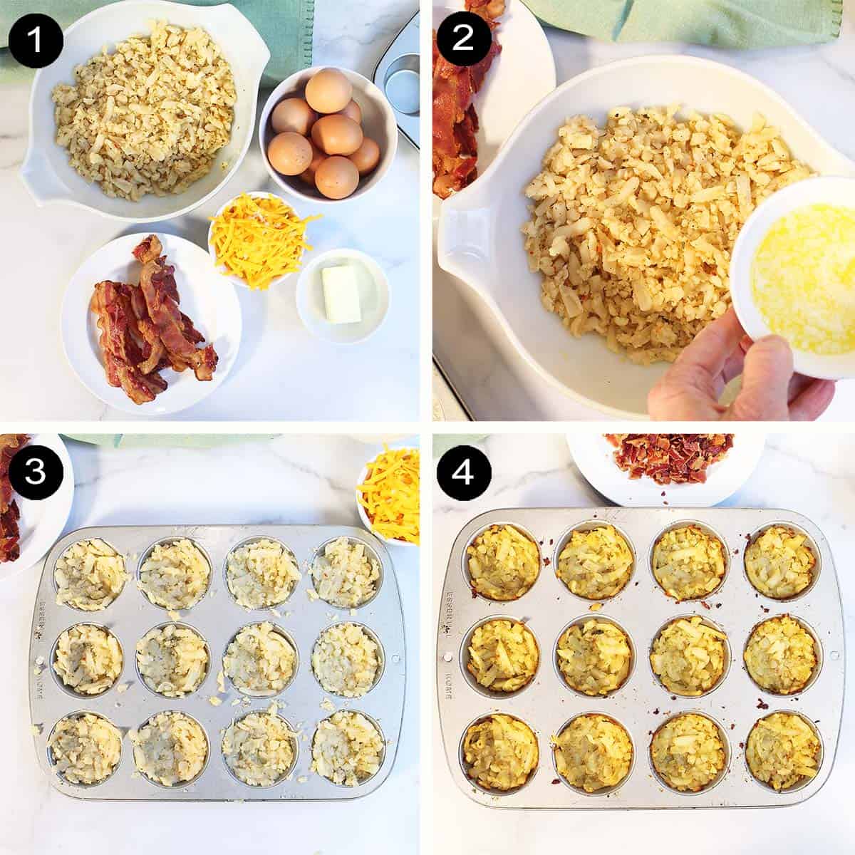 Steps 1-4 Ingredients to browned hash browns.