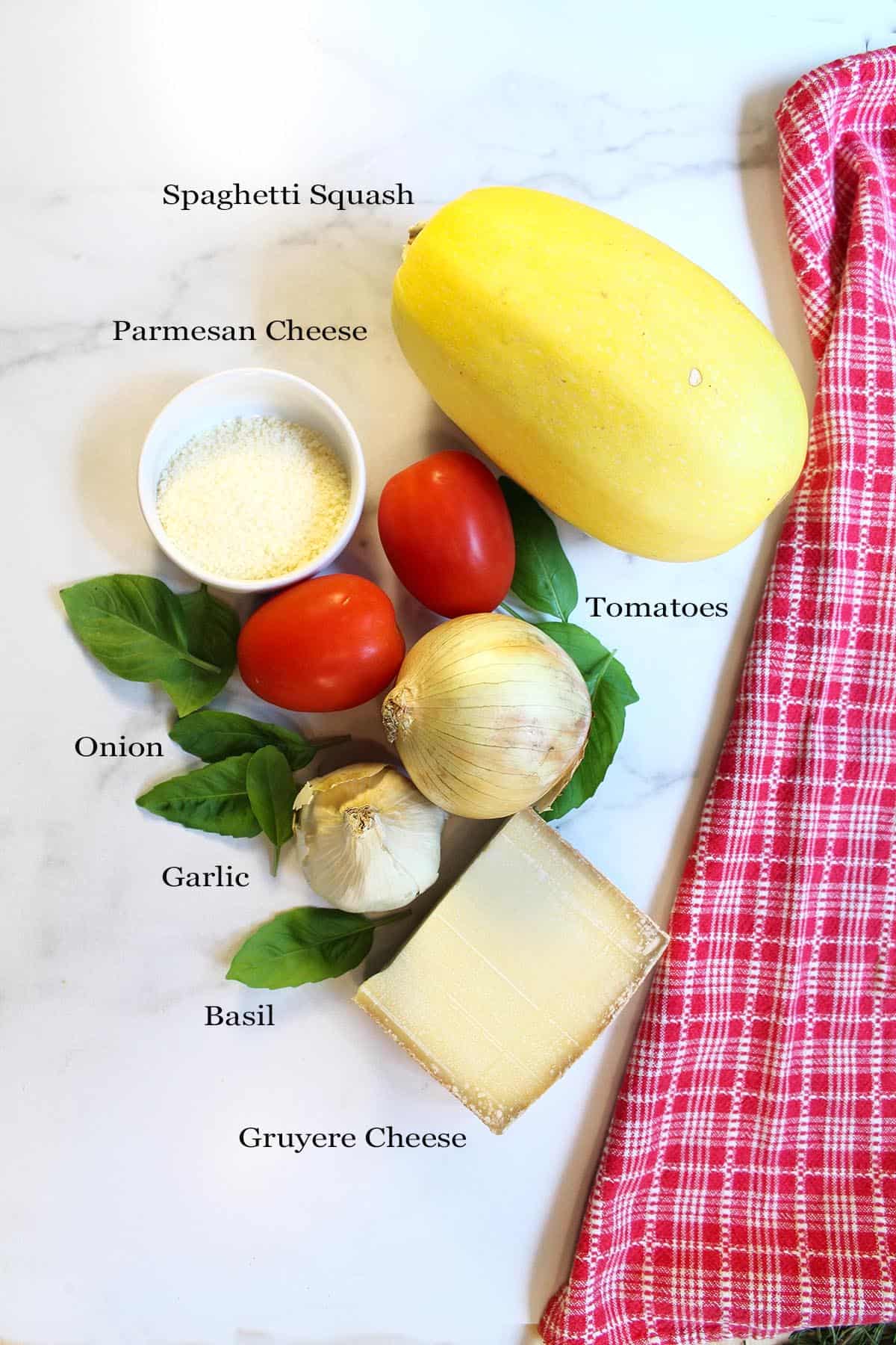 Spaghetti Squash Boats ingredients with labels.