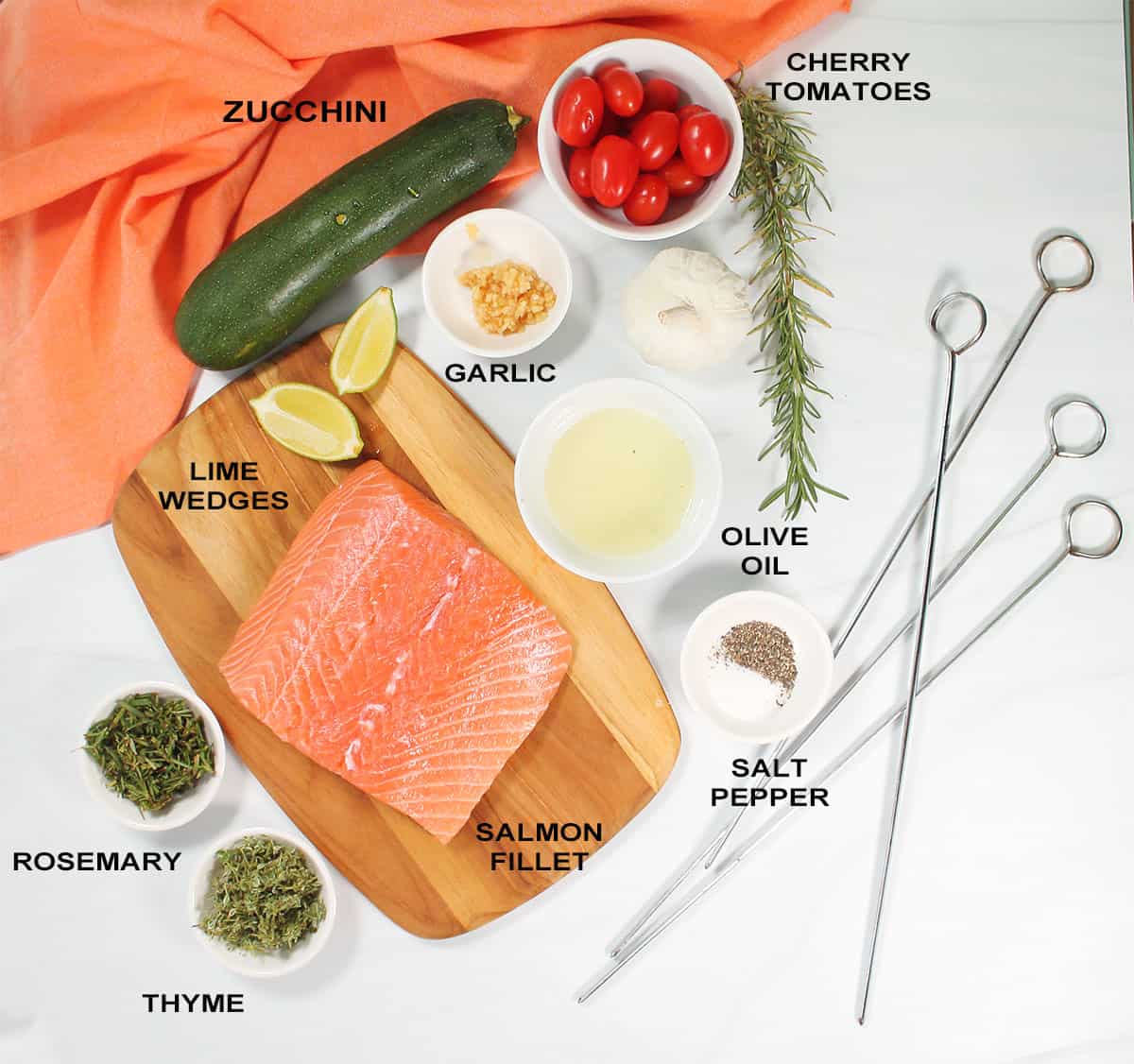 Ingredients for grilled salmon skewers recipe.