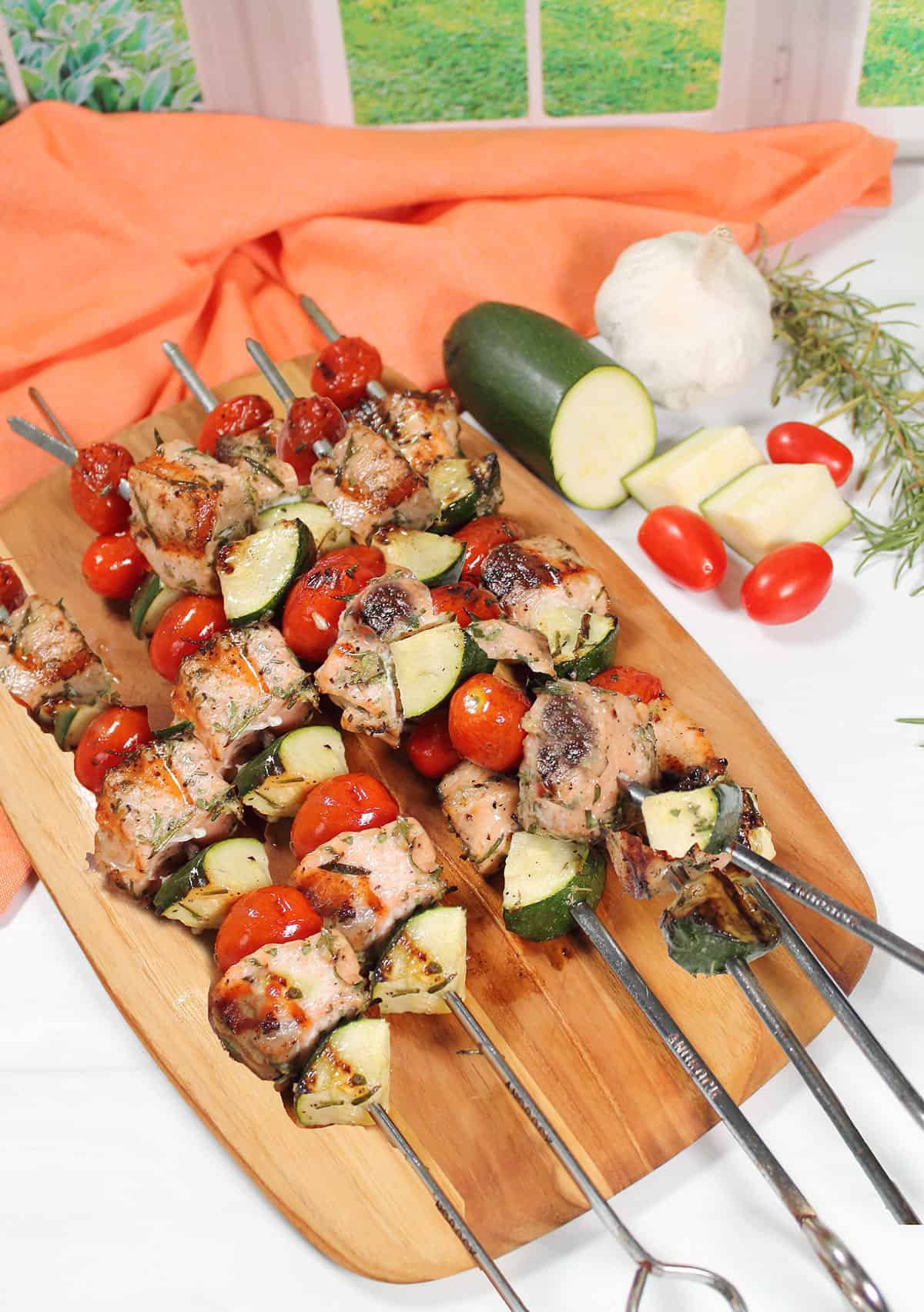 Grilled Salmon Skewers on cutting board.