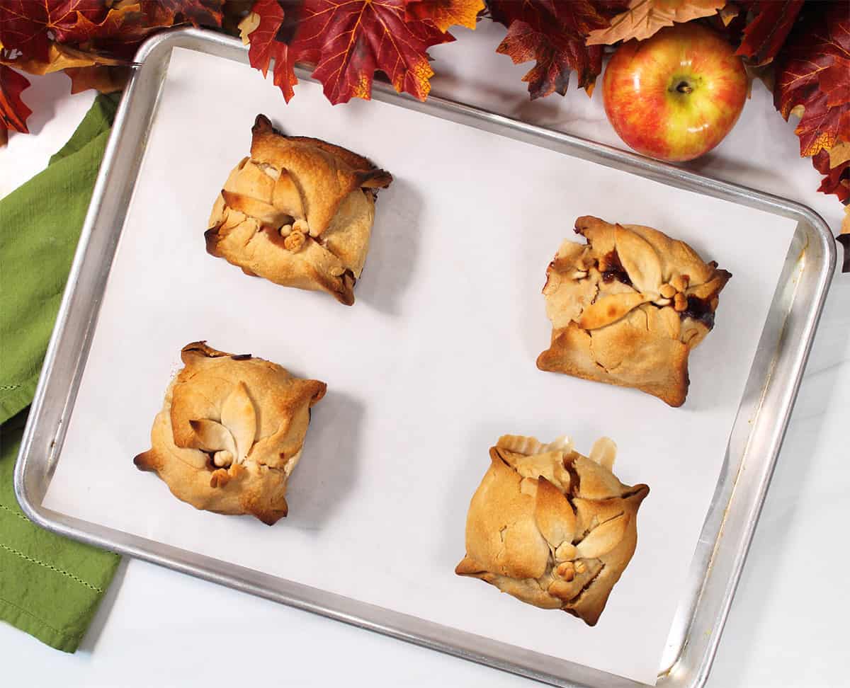 Overhead of baked apple dumplings.