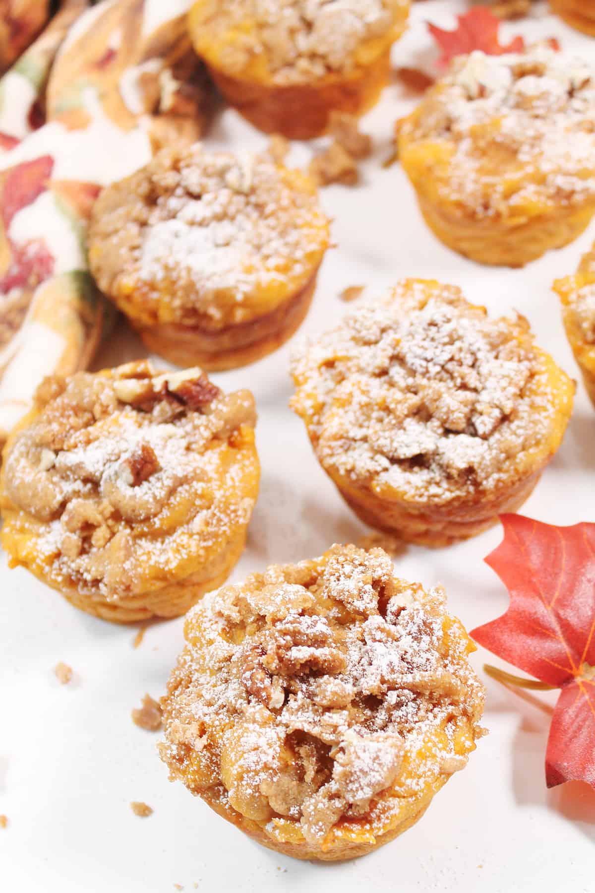 Overhead of muffins showing crumb topping.