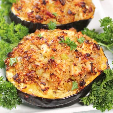 Closeup of stuffed acorn squash.