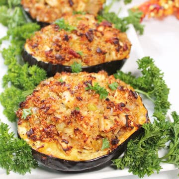 Vegetarian Stuffed Acorn Squash closeup of golden brown topping.