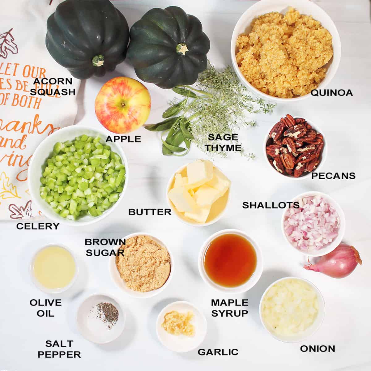 Ingredients for quinoa stuffed acorn squash.