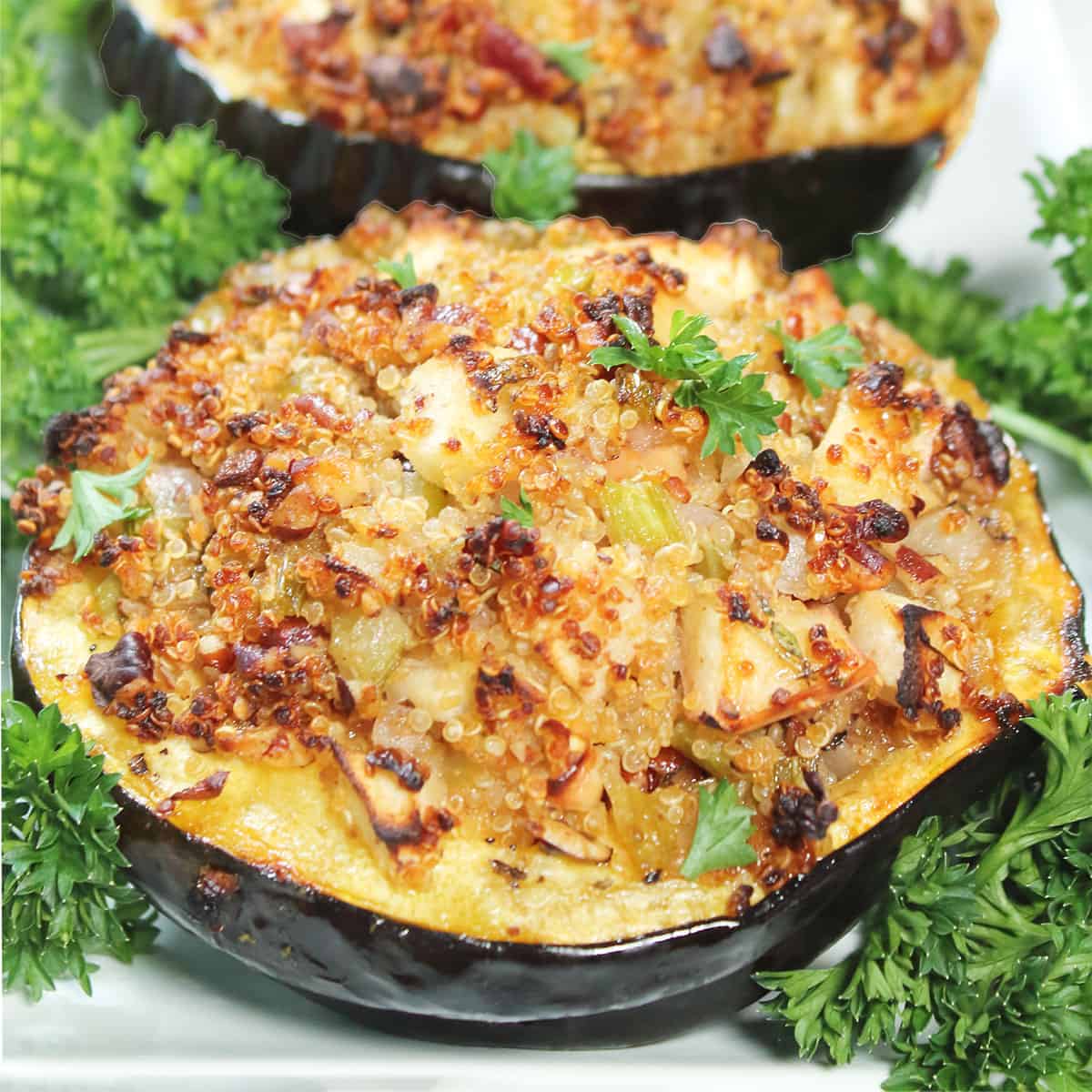 Closeup of stuffed acorn squash.