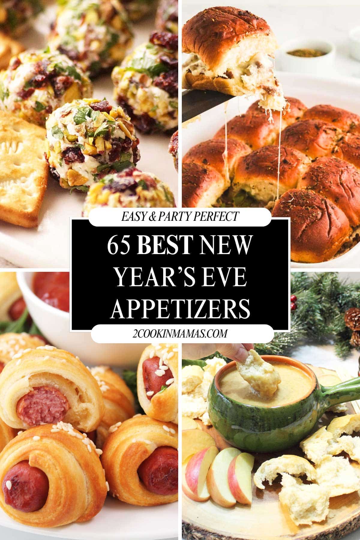 A collage of New Years Eve appetizers with name 65 Best New Year's Eve Appetizers in overlay.