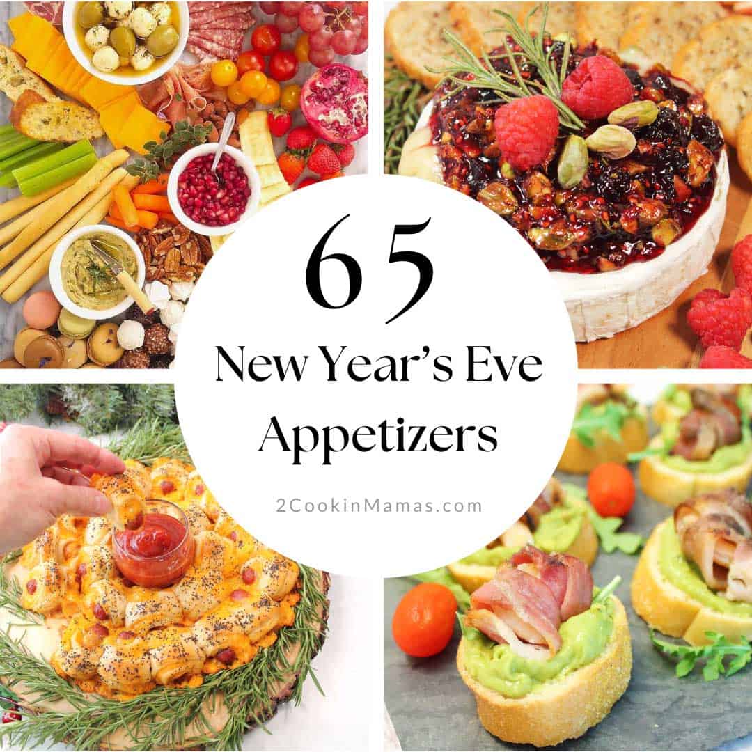 Collage of recipes for 65 New Year's Eve Appetizers.