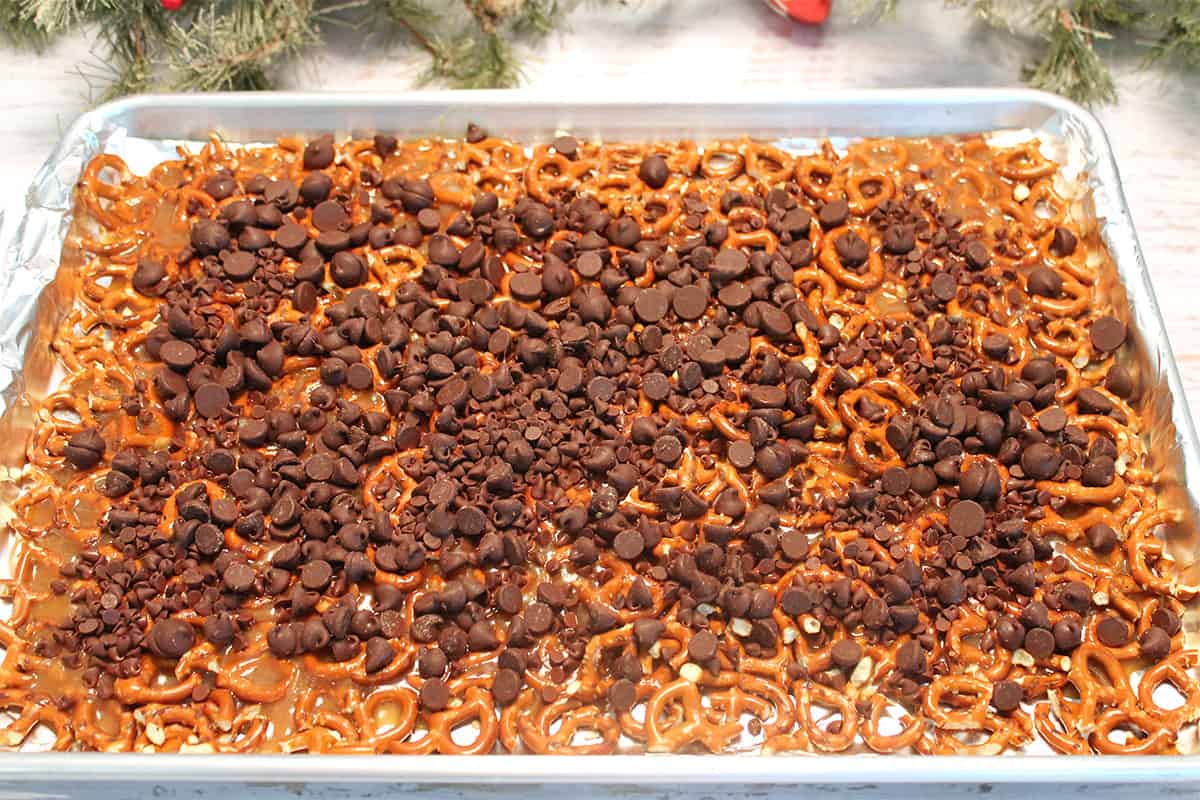 Chocolate chips sprinkled on top of warm toffee.