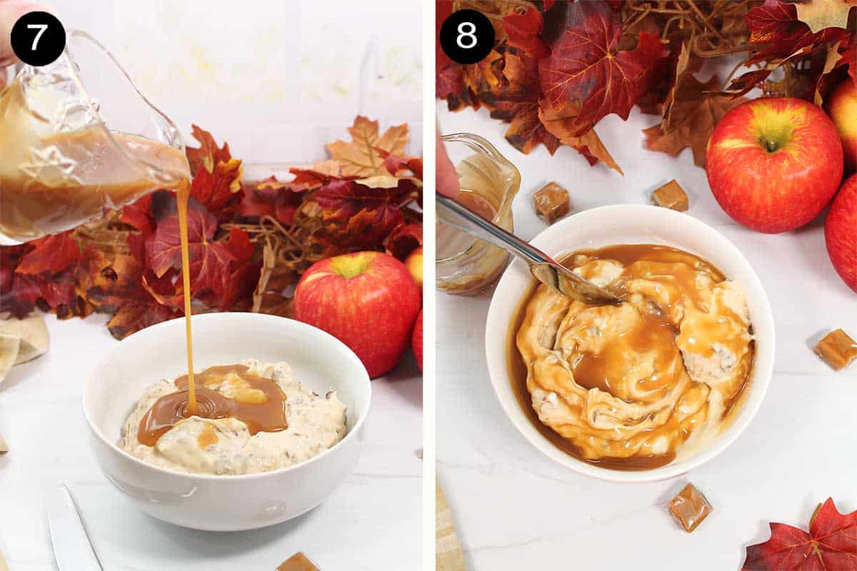 Pouring caramel onto dip.
