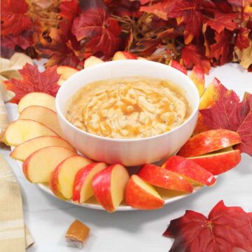 Cream cheese caramel apple dip surrounded by apple slices.