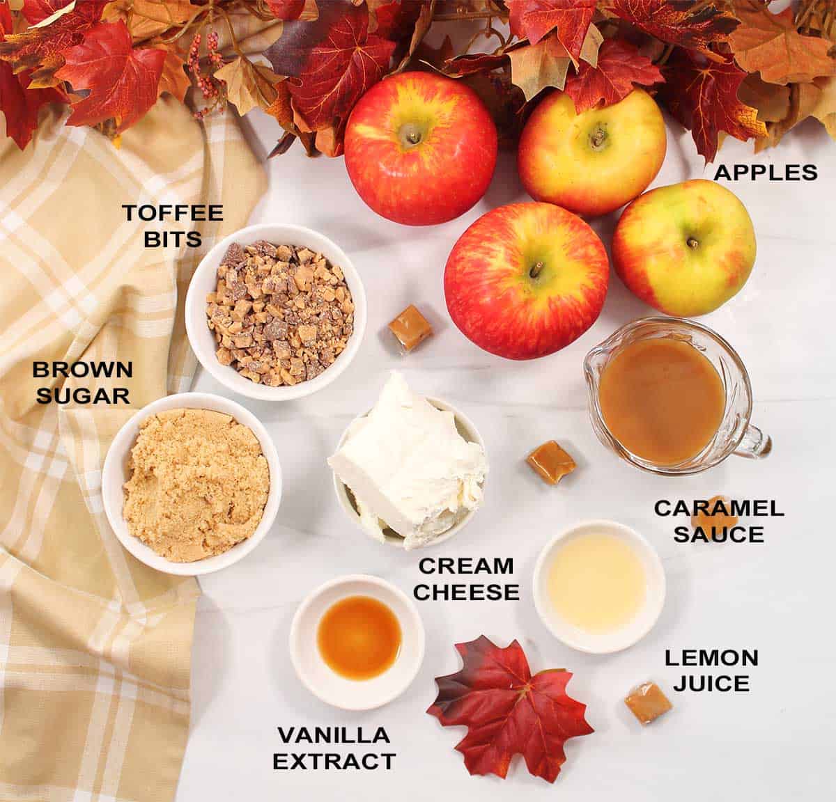 Ingredients for cream cheese caramel apple dip.
