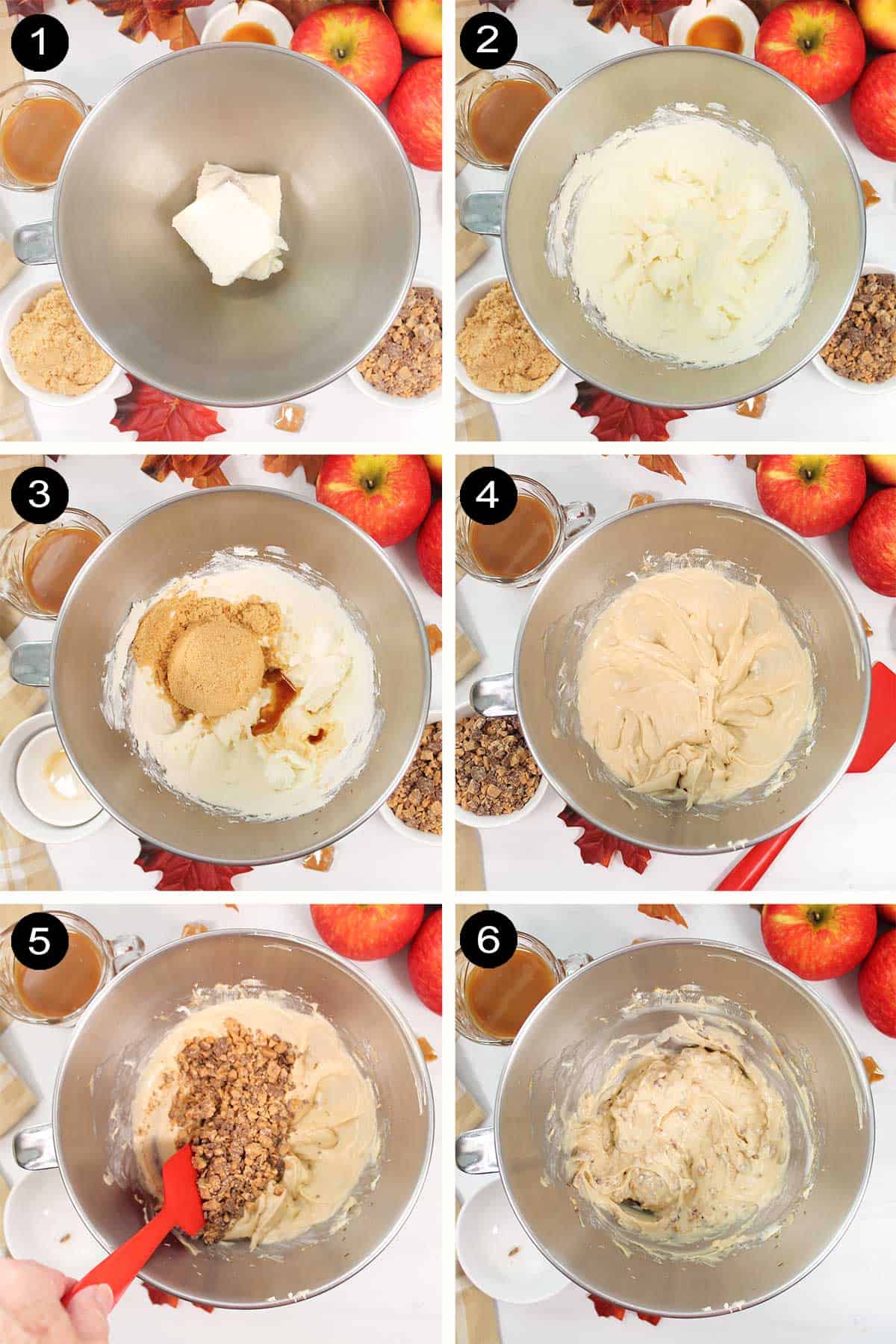 Prep steps for caramel apple cheesecake dip.
