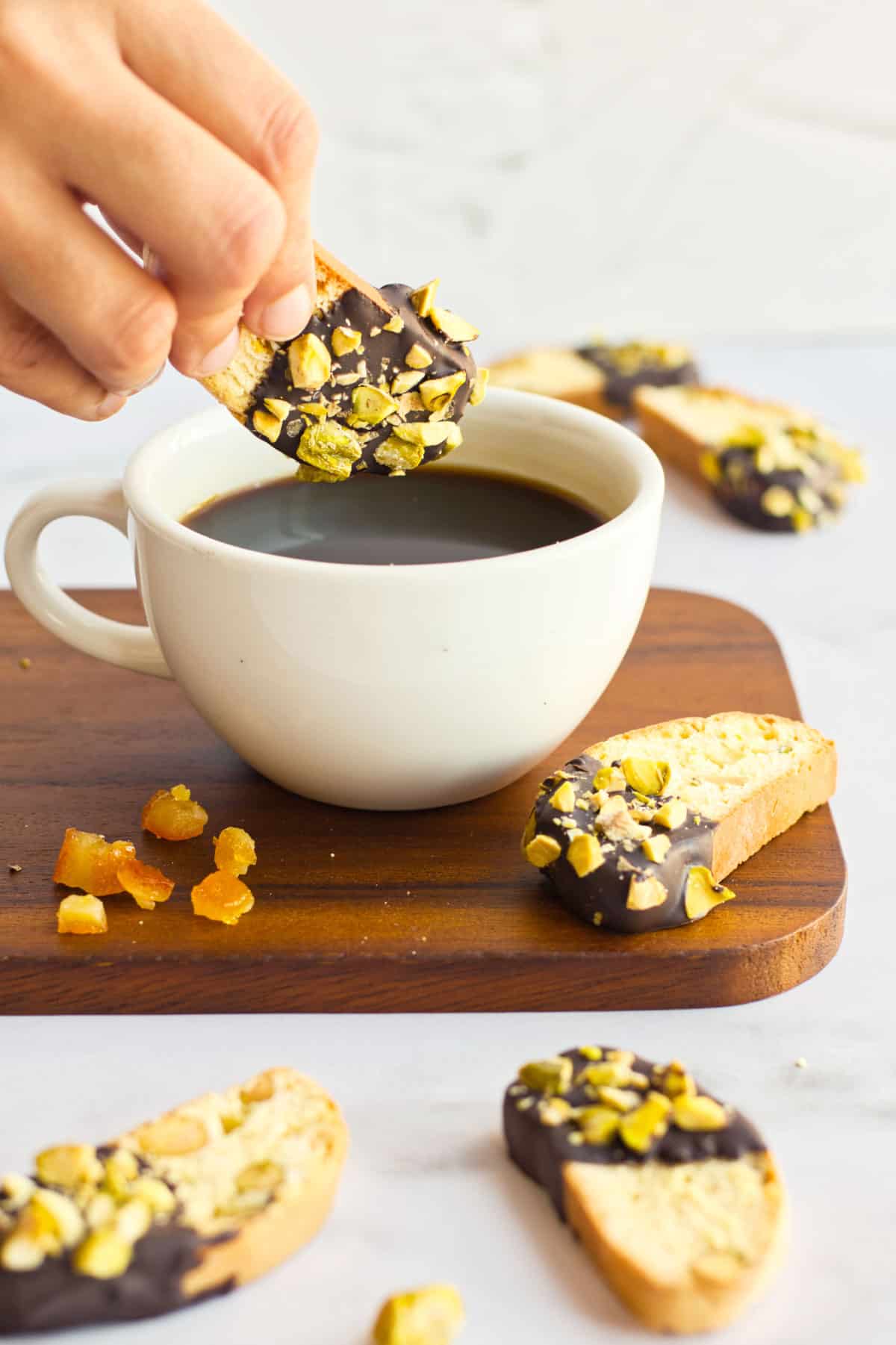 Dunking biscotti in coffee.