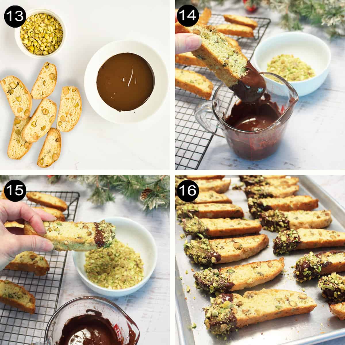Steps to finish biscotti with chocolate and nuts.