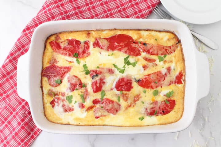 Overhead of baked Italian Breakfast Casserole.