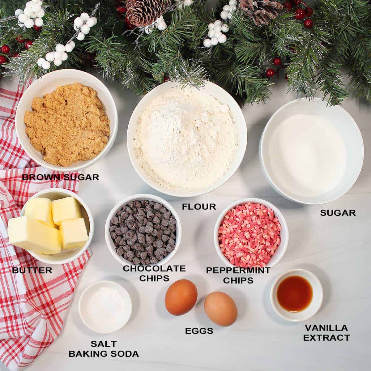 Ingredients for chocolate chip cookies with peppermint chips.