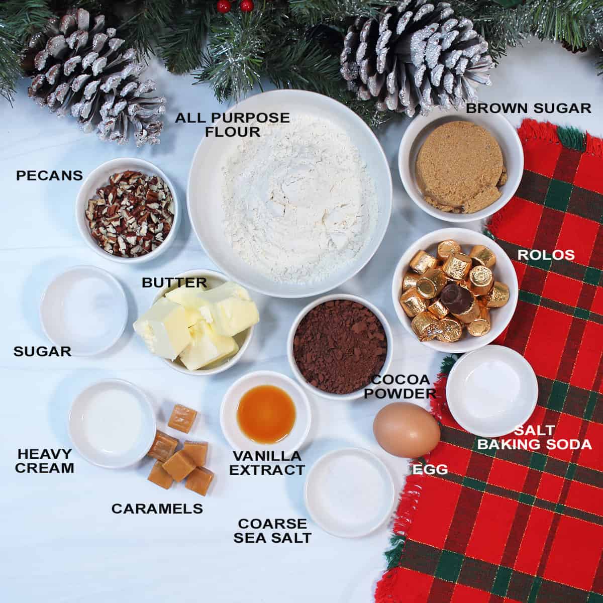 Ingredients for salted caramel filled chocolate cookies.