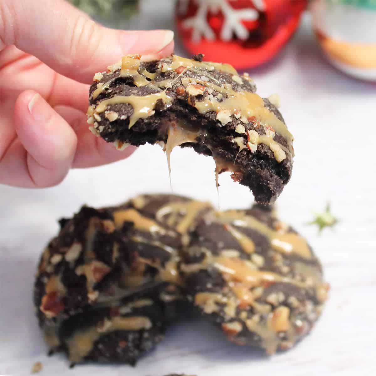 Showing caramel inside of cookie.